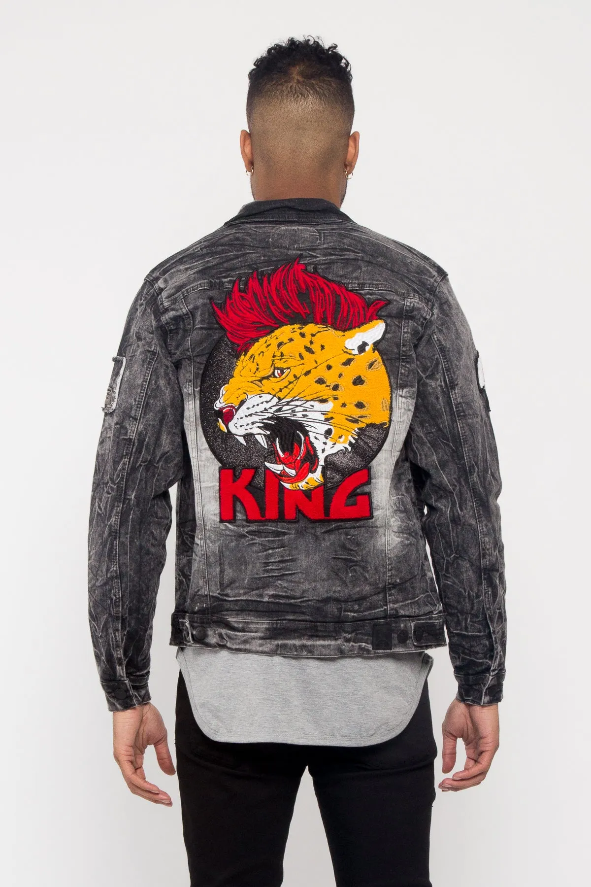 Acid Wash King Applique Patch Jean Jacket