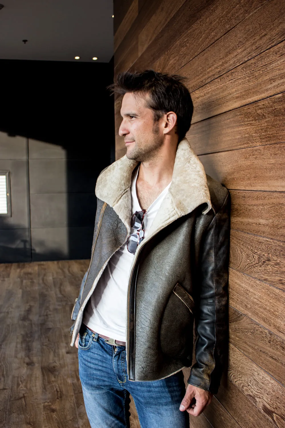 ASPEN Natural Shearling Winter Jacket in Distressed Brown Sheepskin & Antique Brown Leather