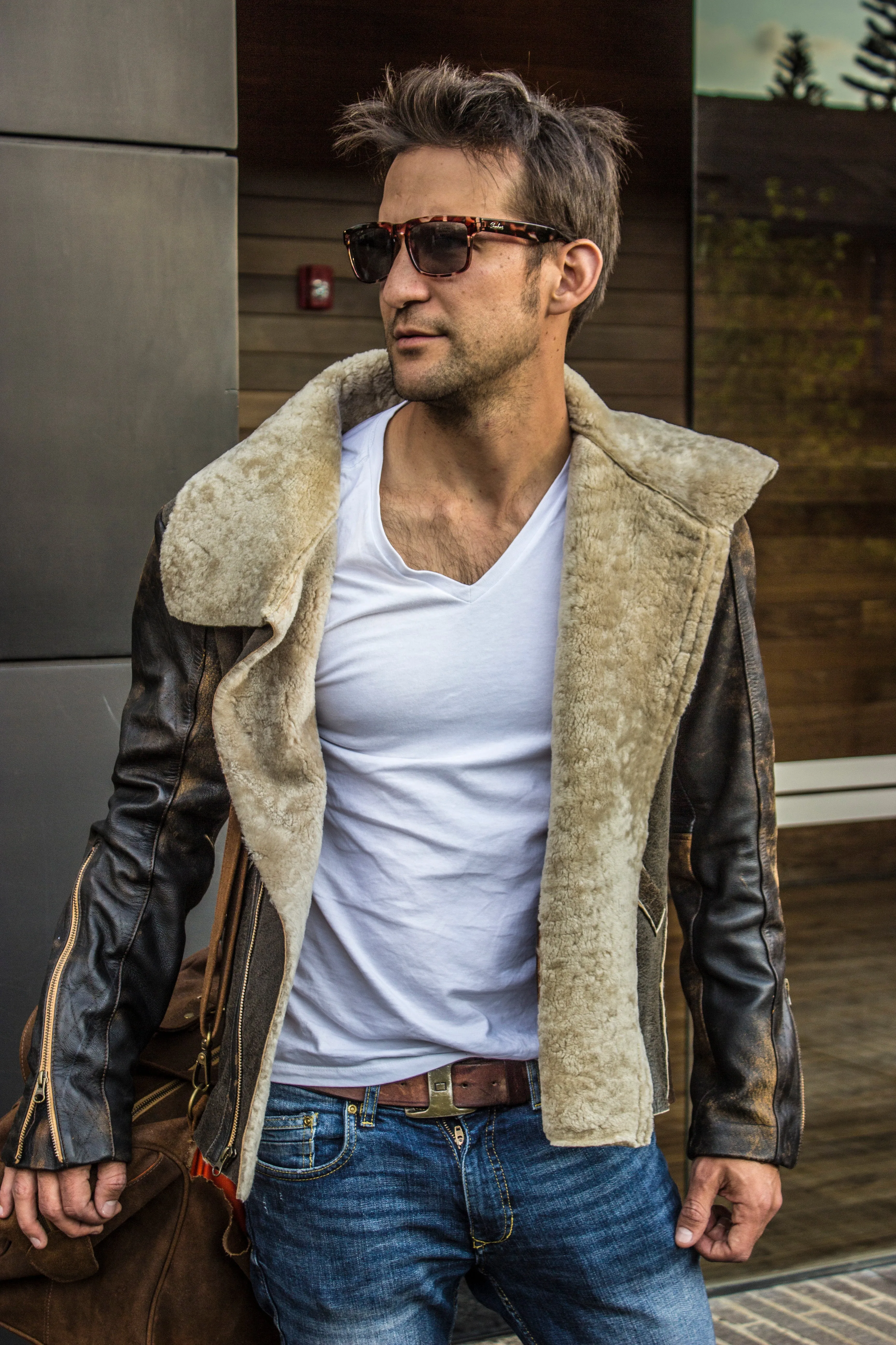 ASPEN Natural Shearling Winter Jacket in Distressed Brown Sheepskin & Antique Brown Leather