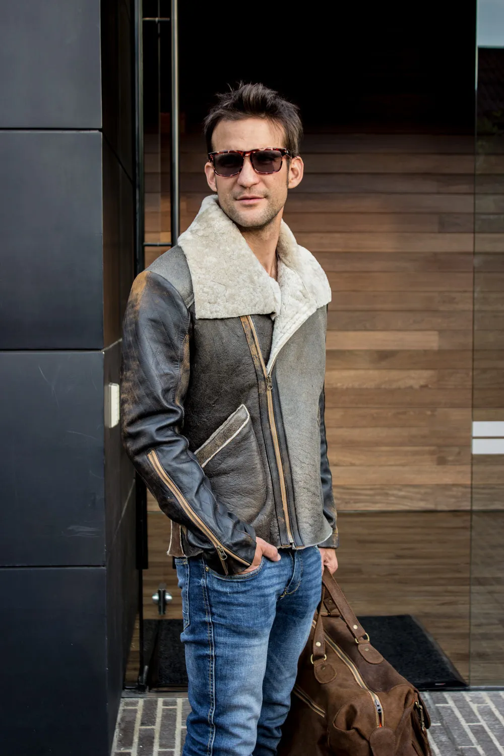 ASPEN Natural Shearling Winter Jacket in Distressed Brown Sheepskin & Antique Brown Leather