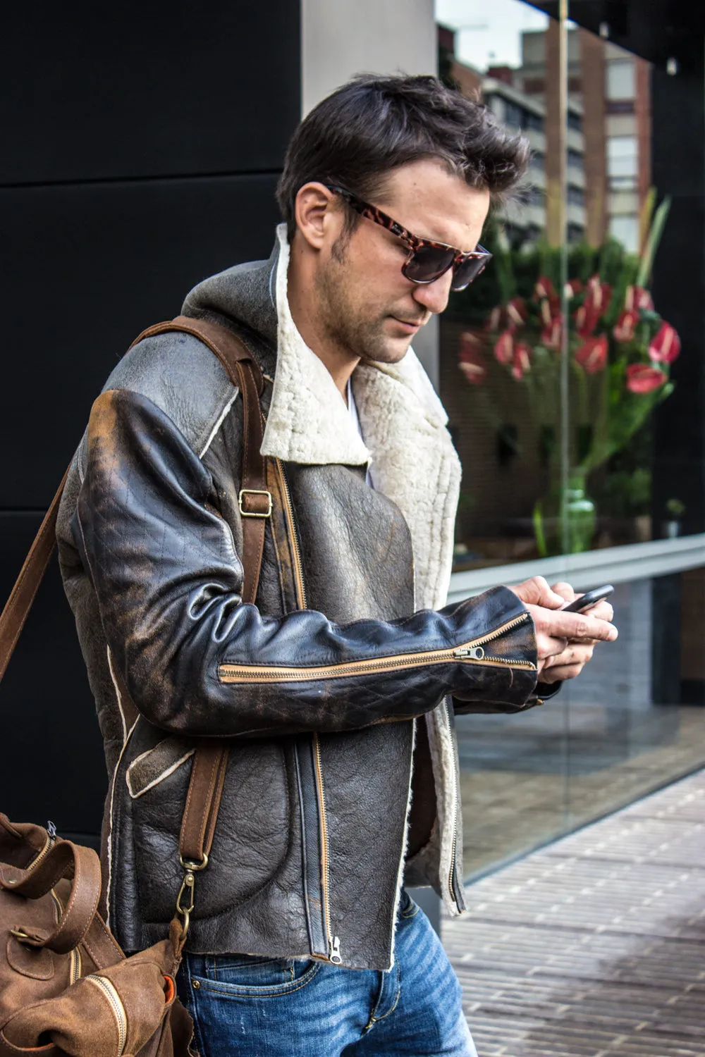 ASPEN Natural Shearling Winter Jacket in Distressed Brown Sheepskin & Antique Brown Leather