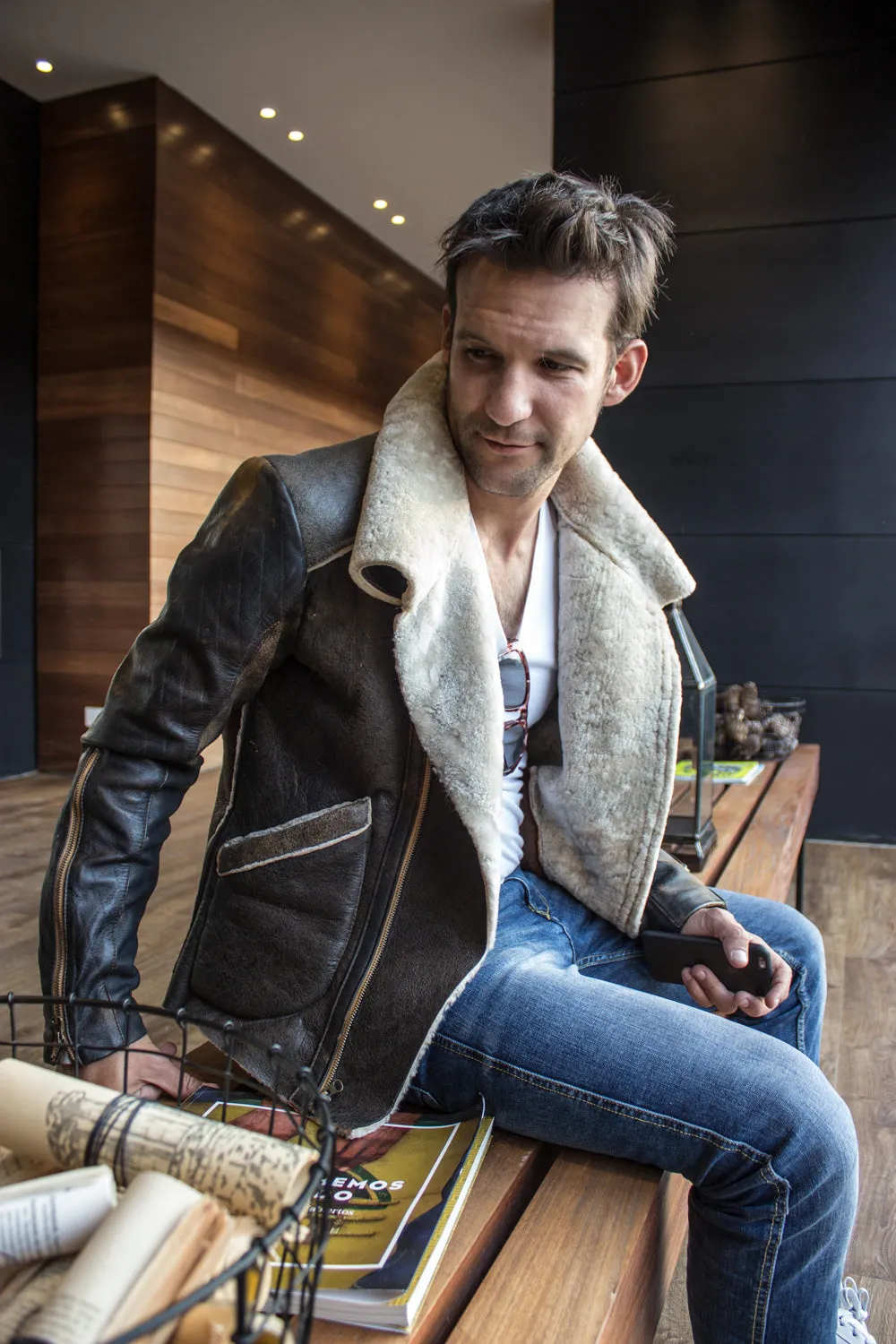 ASPEN Natural Shearling Winter Jacket in Distressed Brown Sheepskin & Antique Brown Leather