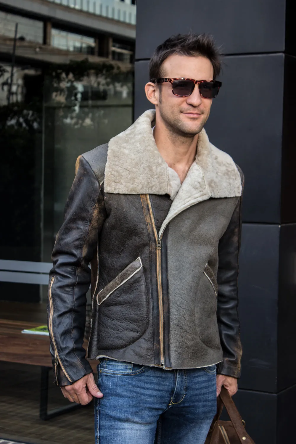 ASPEN Natural Shearling Winter Jacket in Distressed Brown Sheepskin & Antique Brown Leather