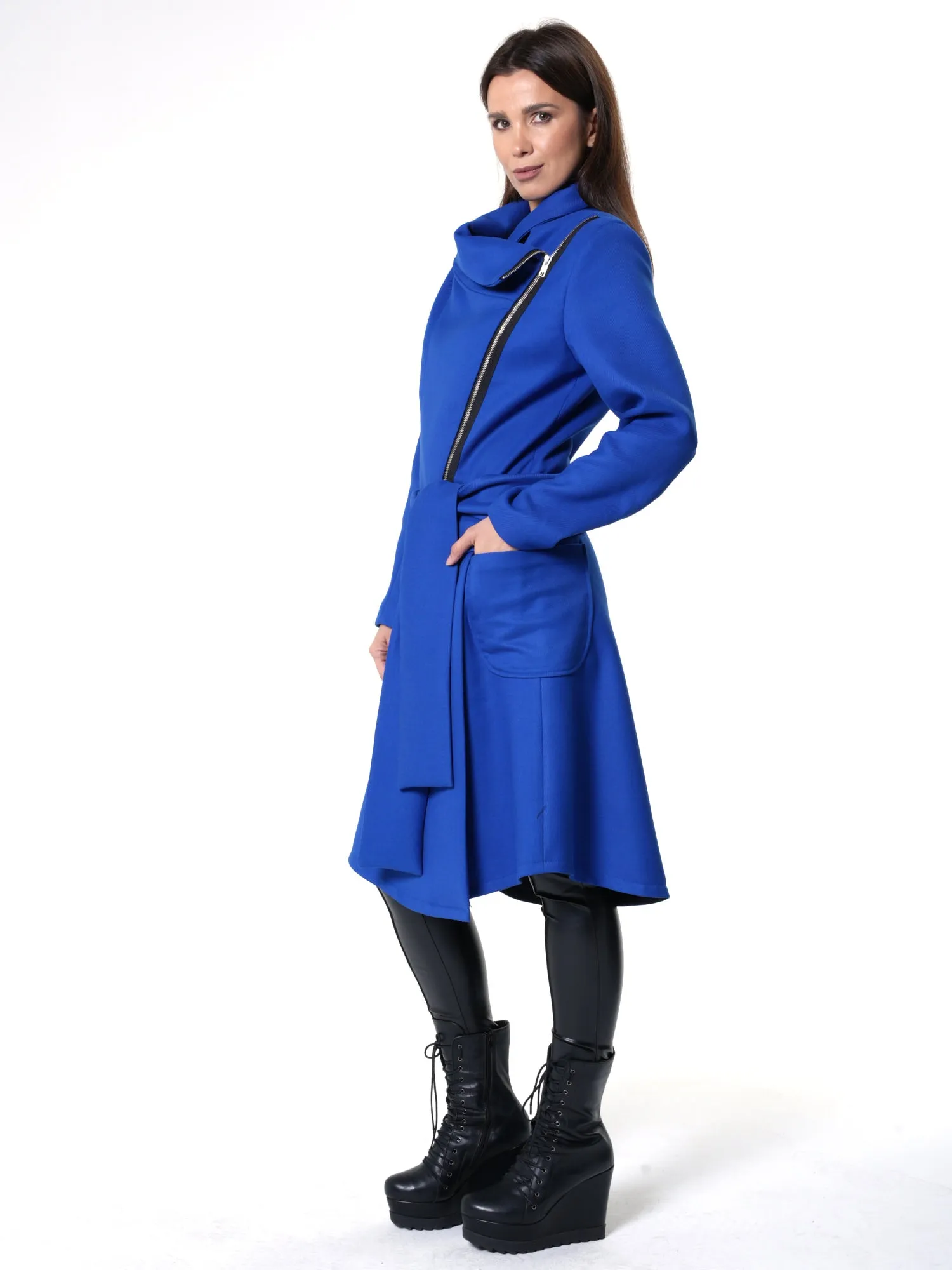 Asymmetric Belted Coat In Royal Blue