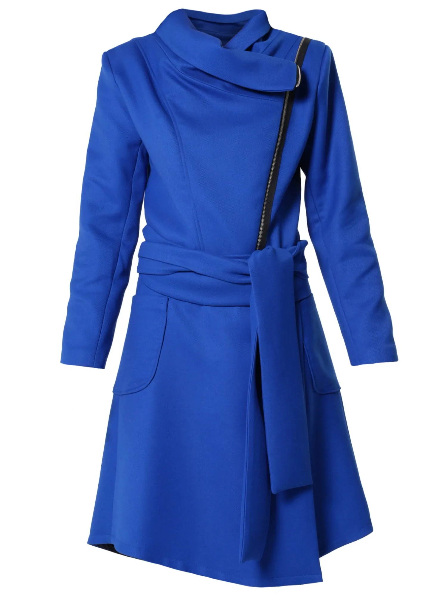 Asymmetric Belted Coat In Royal Blue