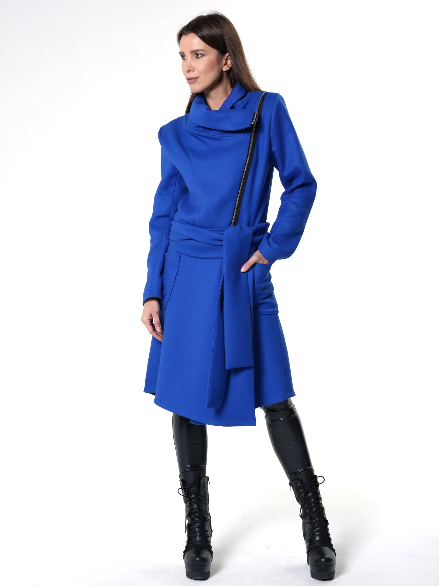 Asymmetric Belted Coat In Royal Blue