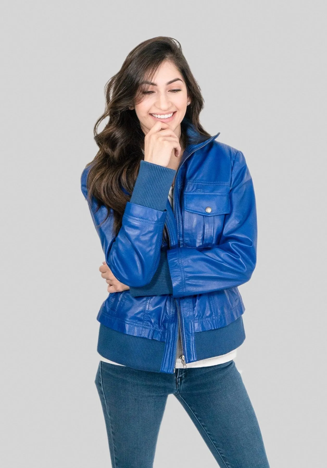 Bailey Womens Leather Bomber Jacket Spring Blue