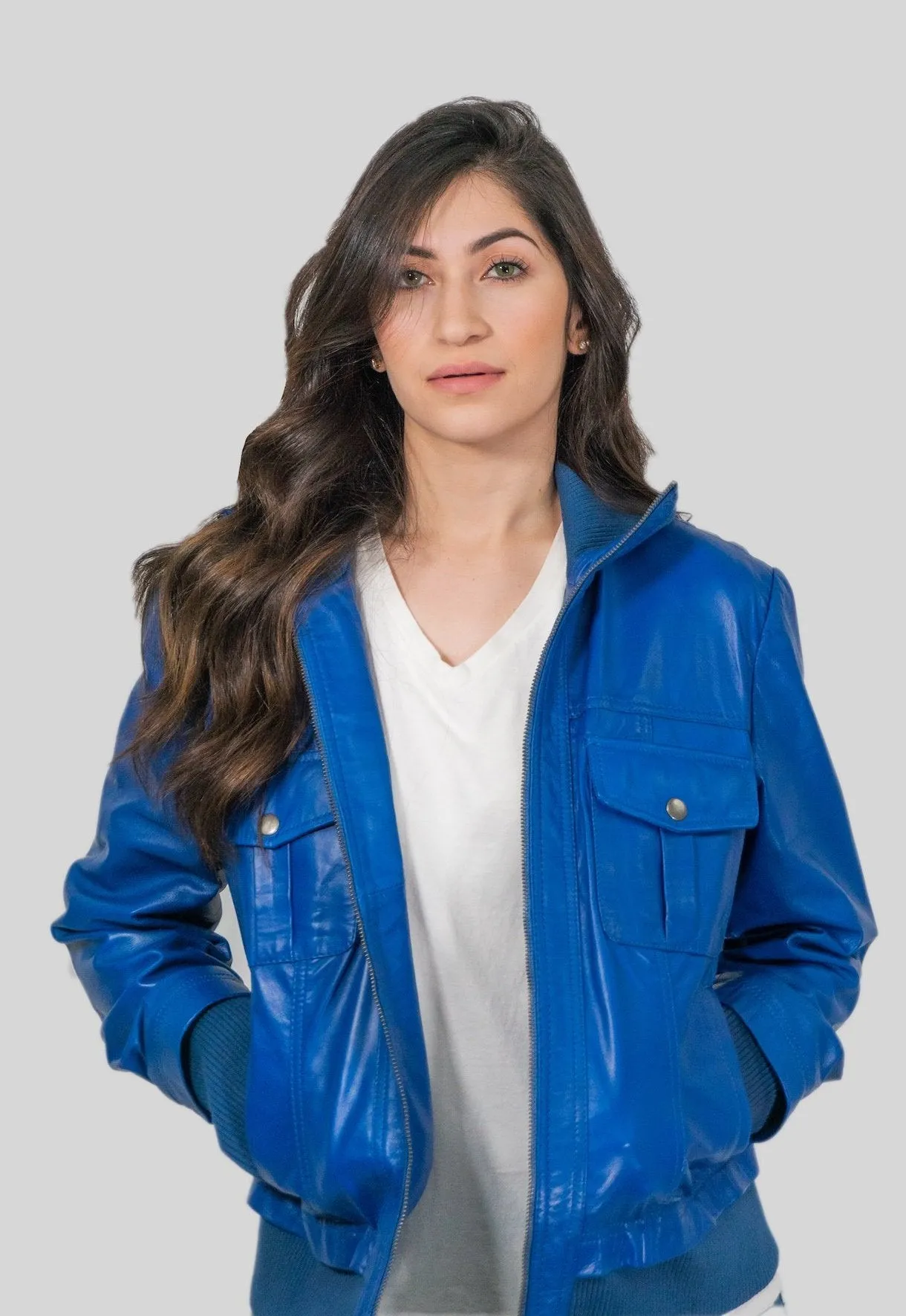 Bailey Womens Leather Bomber Jacket Spring Blue