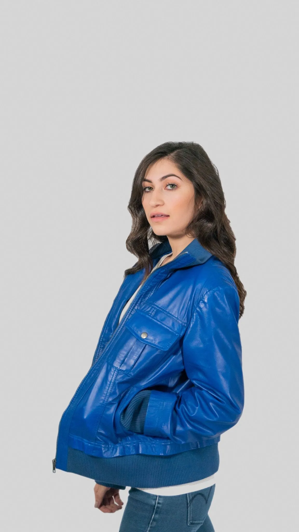 Bailey Womens Leather Bomber Jacket Spring Blue