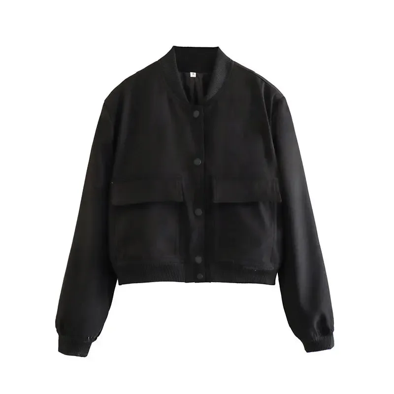 Bomber Jacket for Women with Solid Long Sleeve.