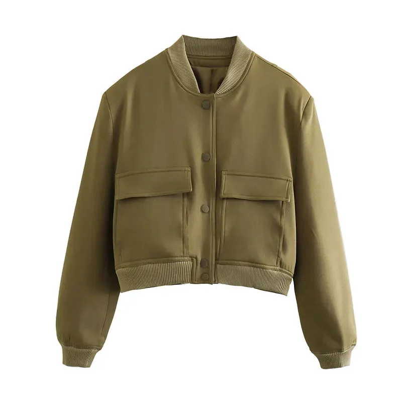 Bomber Jacket for Women with Solid Long Sleeve.