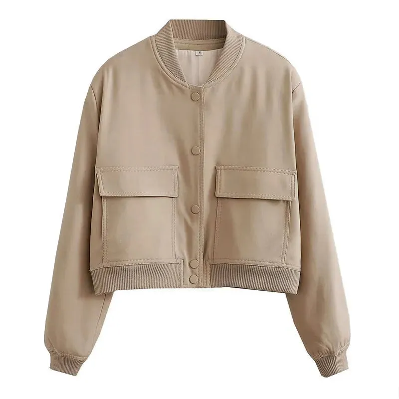 Bomber Jacket for Women with Solid Long Sleeve.