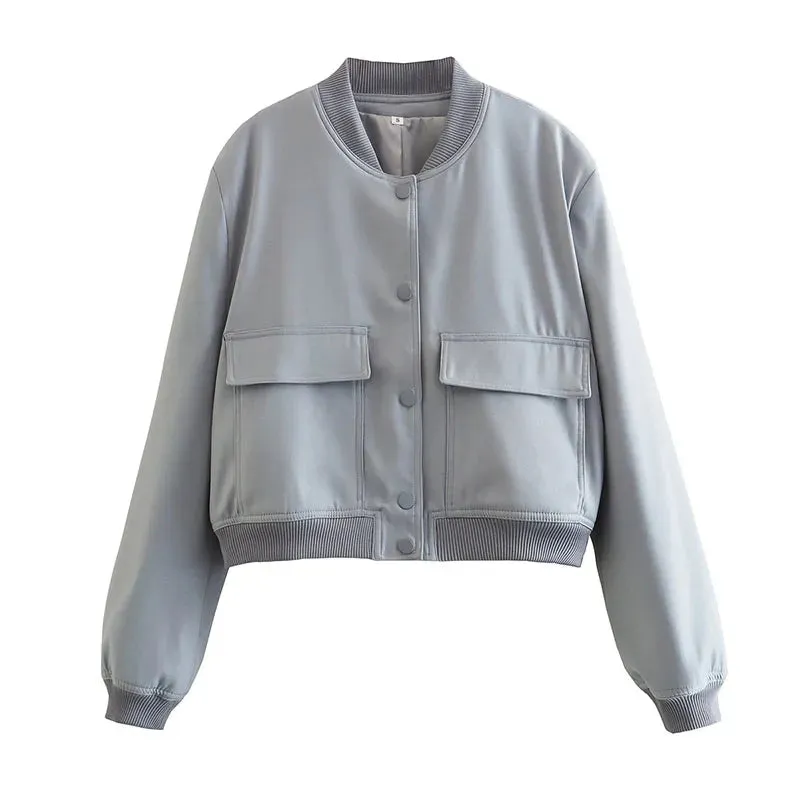 Bomber Jacket for Women with Solid Long Sleeve.