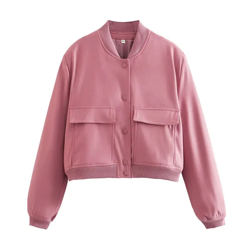 Bomber Jacket for Women with Solid Long Sleeve.