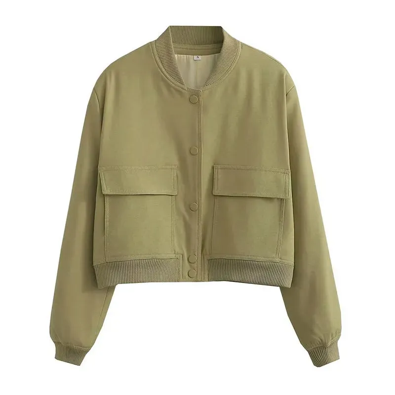 Bomber Jacket for Women with Solid Long Sleeve.