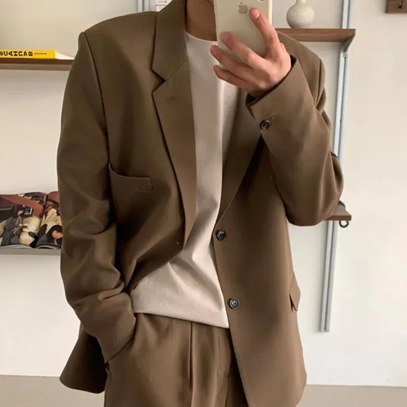 BONSIR  -  Brown Black Suit Jacket Men Fashion Social Mens Dress Jacket Korean Loose Casual Suit Jacket Mens Office Formal Jacket Coat