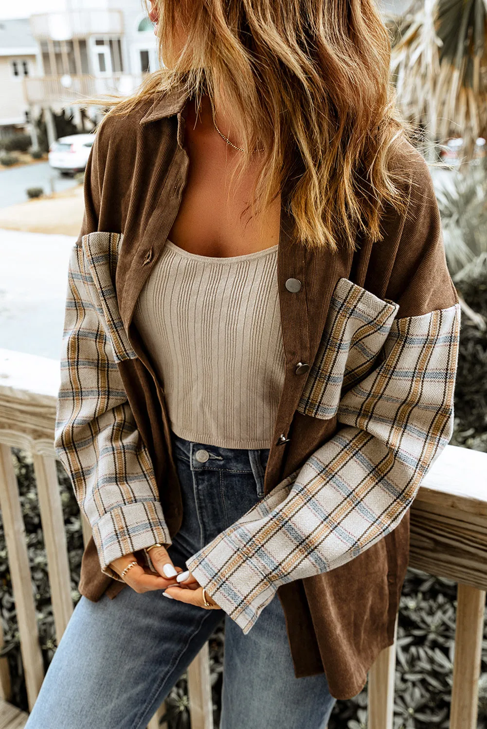 Brown Plaid Patchwork Corduroy Shirt Jacket With Pocket