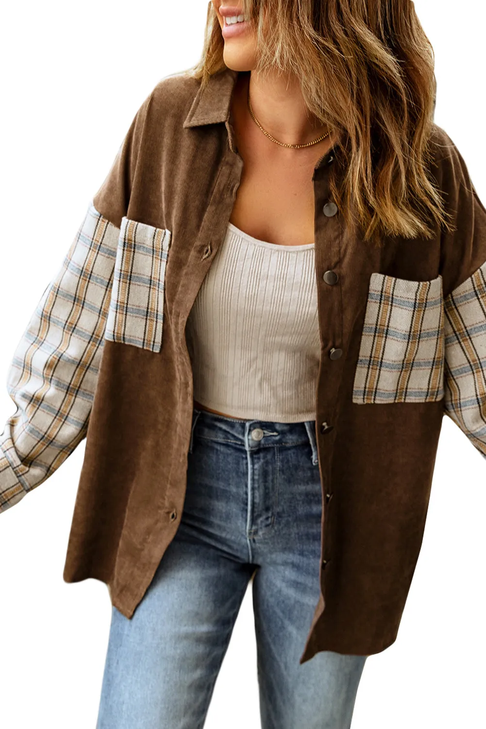 Brown Plaid Patchwork Corduroy Shirt Jacket With Pocket