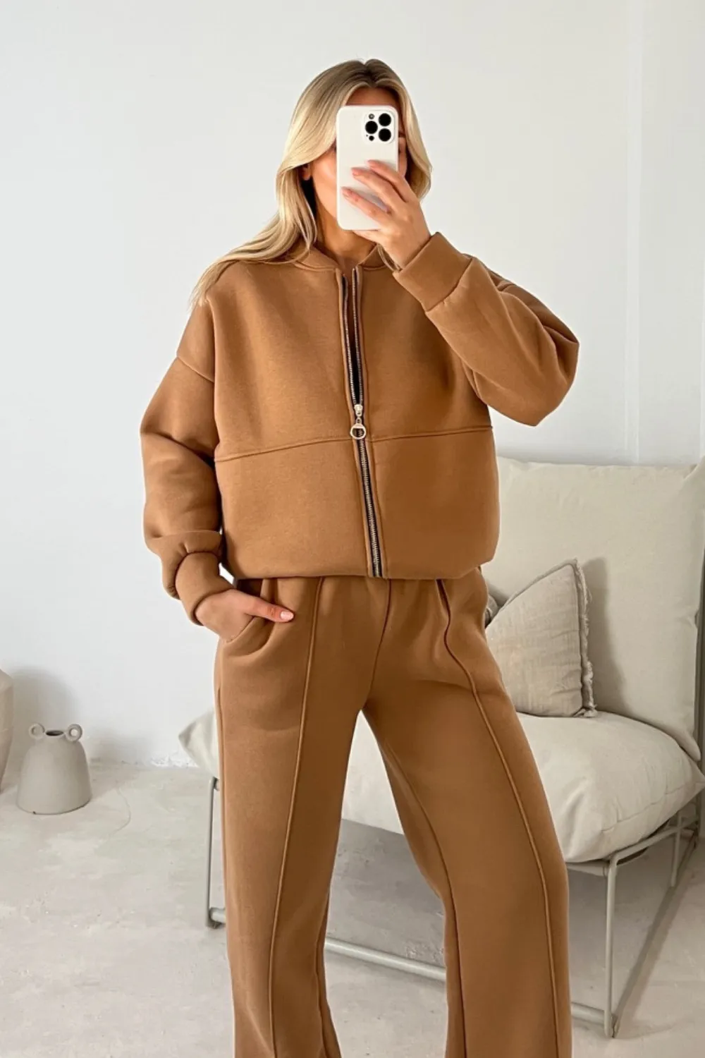 Camille camel bomber jacket and straight leg jogger loungewear