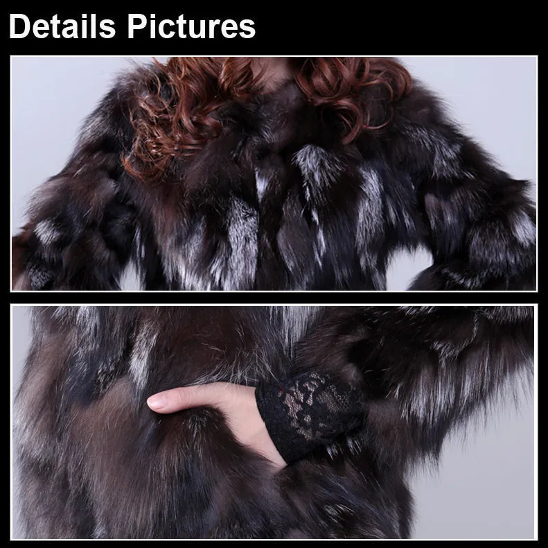 Coat for Women Real Silver Fox Fur Overcoat Garment Jacket  010207