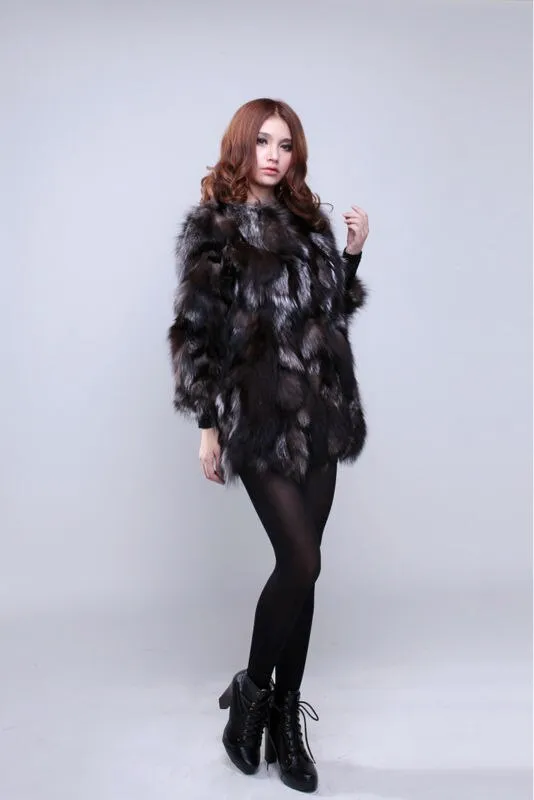 Coat for Women Real Silver Fox Fur Overcoat Garment Jacket  010207