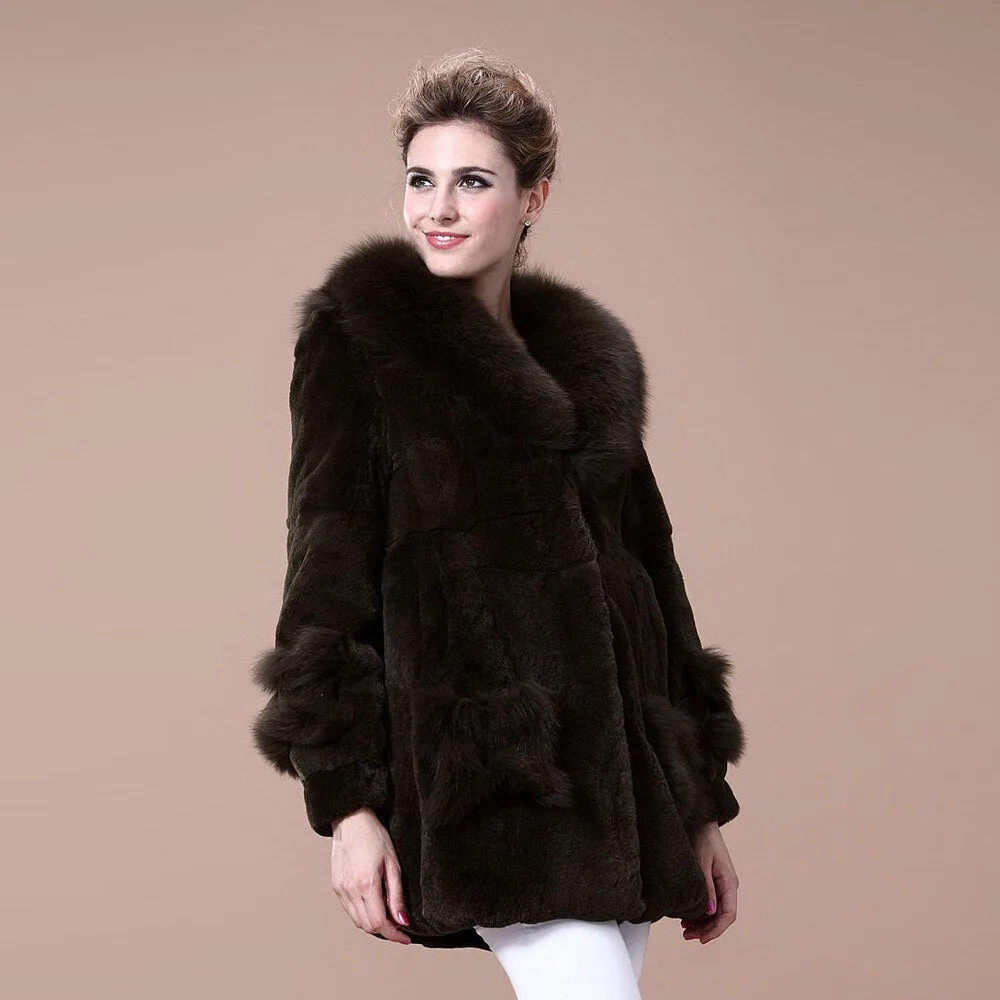 Coats for Women REX Rabbit Fur Coat Fox Fur Collar Jacket Overcoat 010105