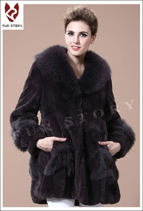 Coats for Women REX Rabbit Fur Coat Fox Fur Collar Jacket Overcoat 010105