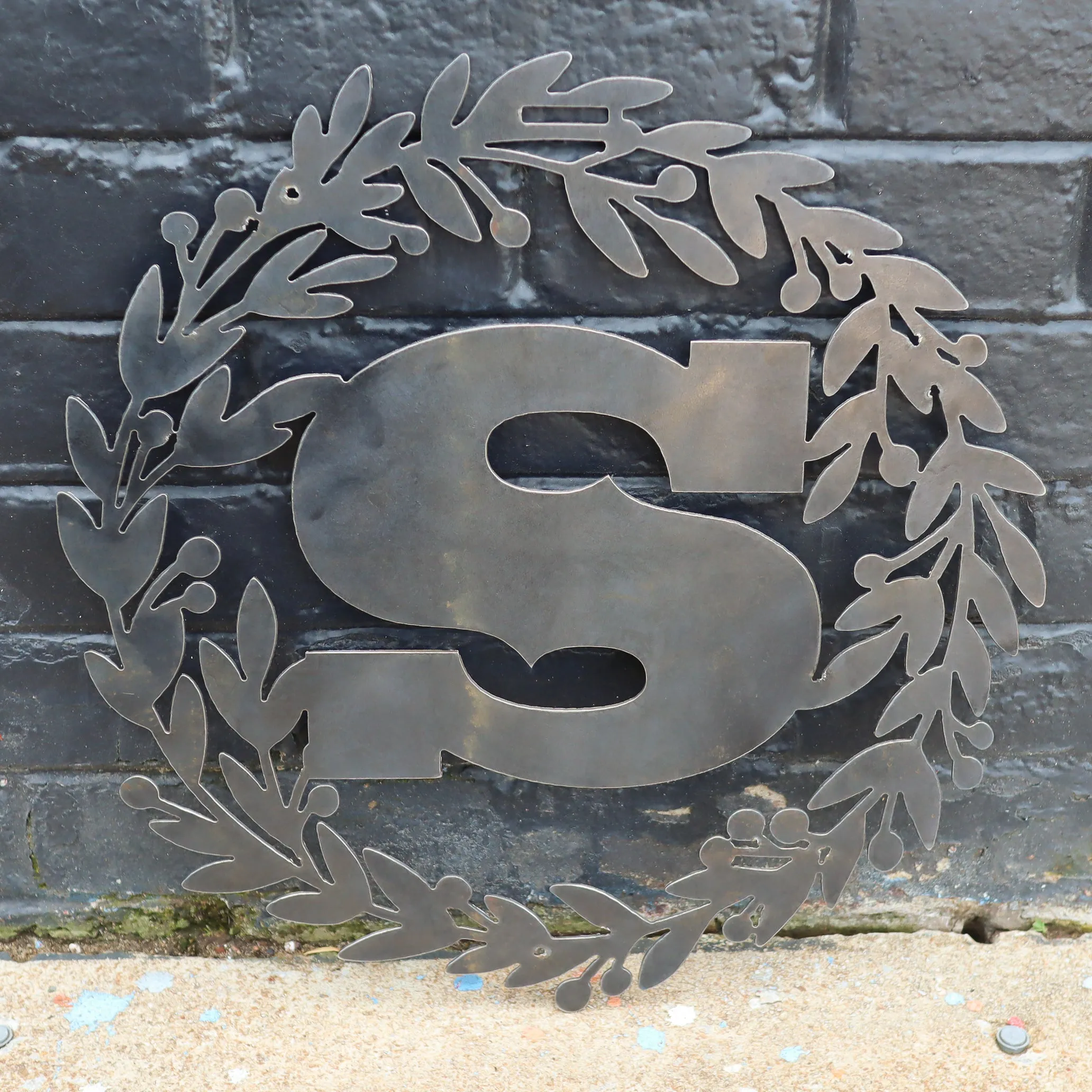 Custom Metal Monogram Holly Wreath - Initial Letter Front Door Hanger Decor, Wedding Signs