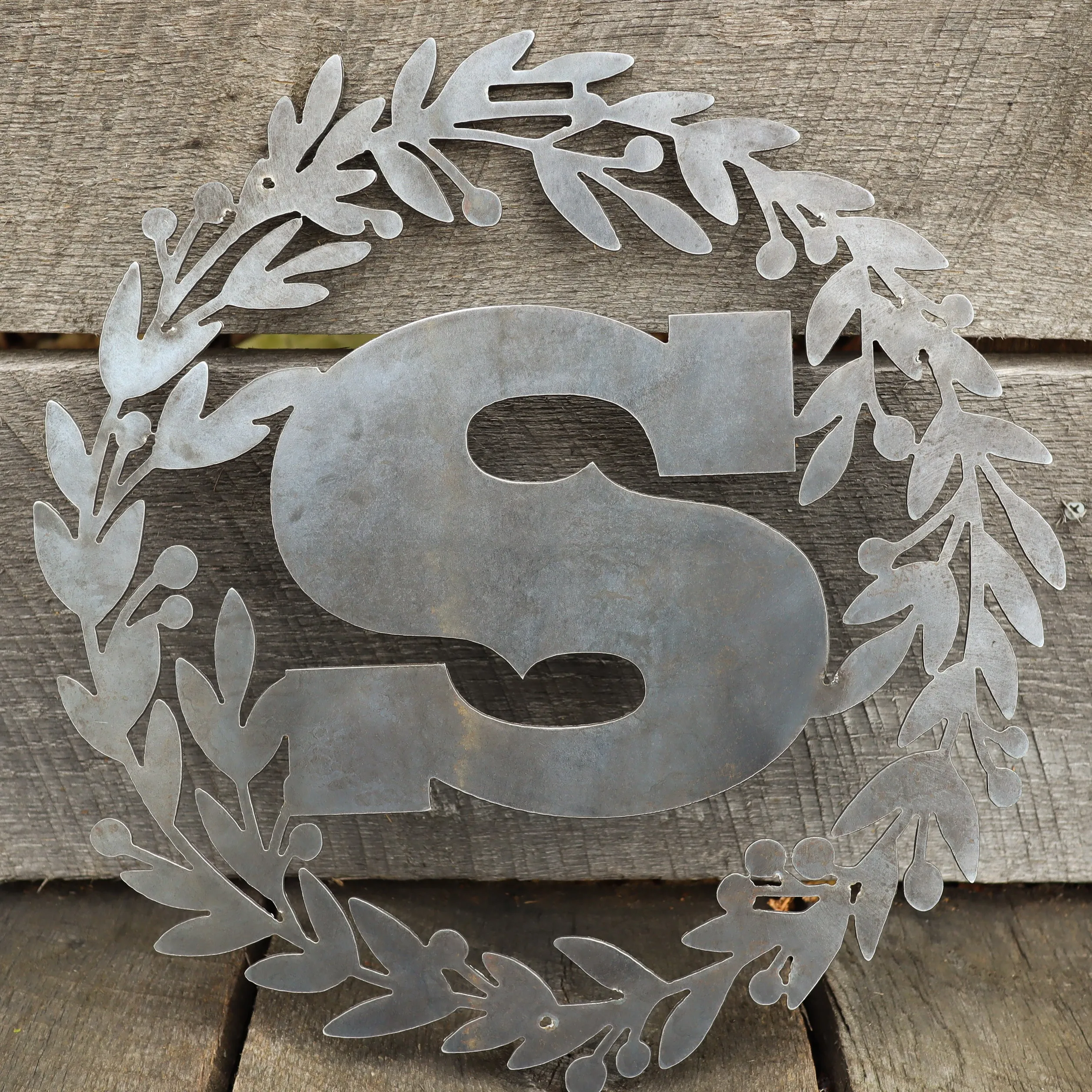 Custom Metal Monogram Holly Wreath - Initial Letter Front Door Hanger Decor, Wedding Signs