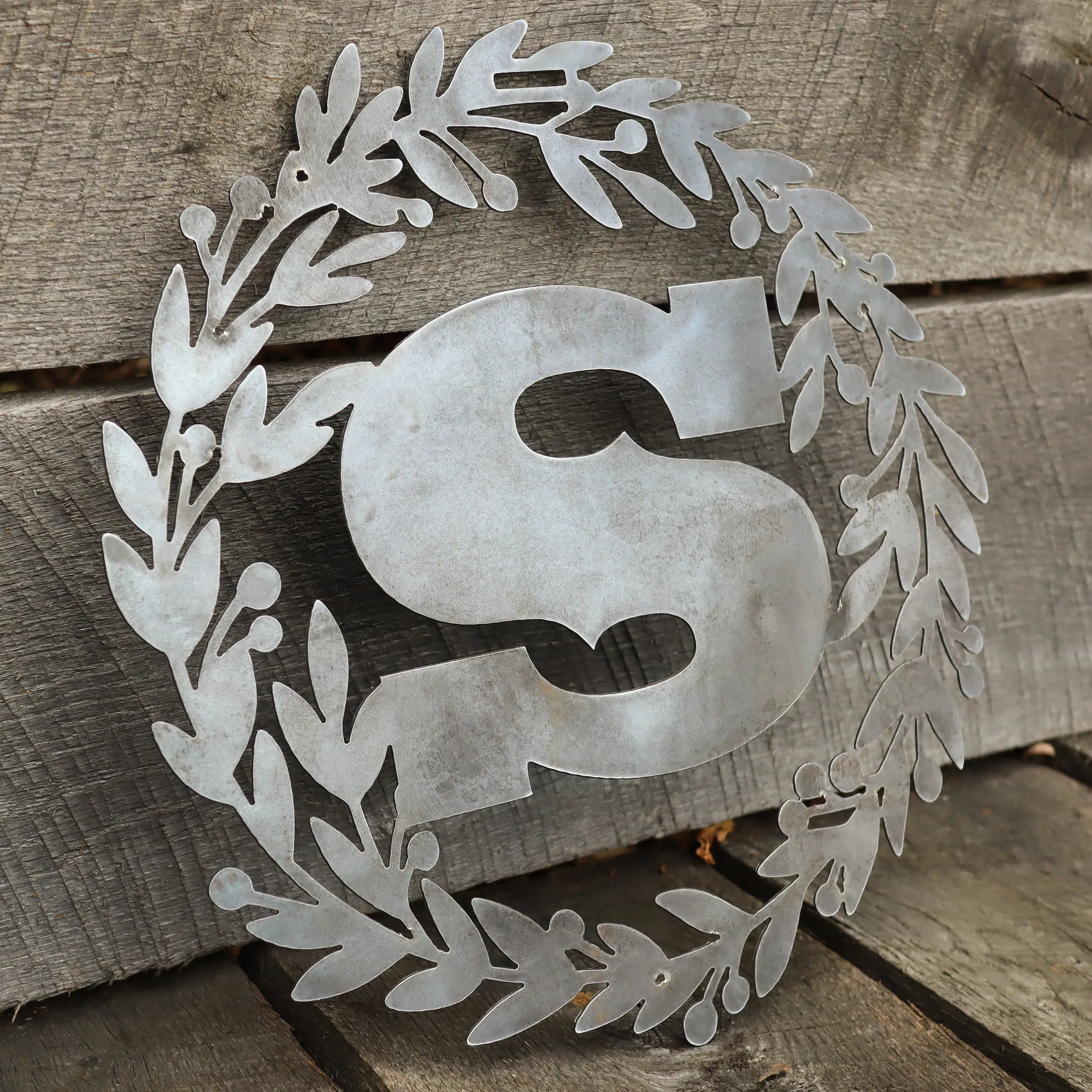 Custom Metal Monogram Holly Wreath - Initial Letter Front Door Hanger Decor, Wedding Signs