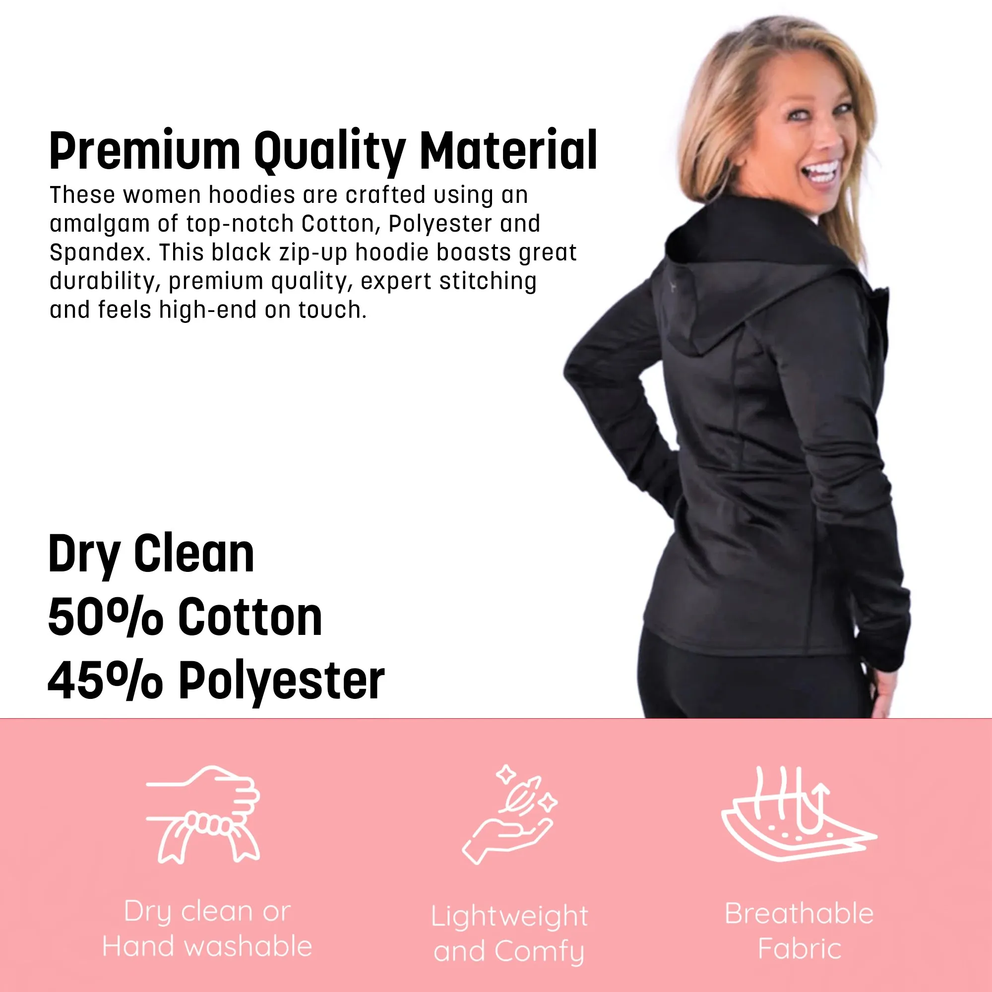 Denise Austin's Full Zip Workout Sports Jacket - Zipper Lightweight Black Hoodie