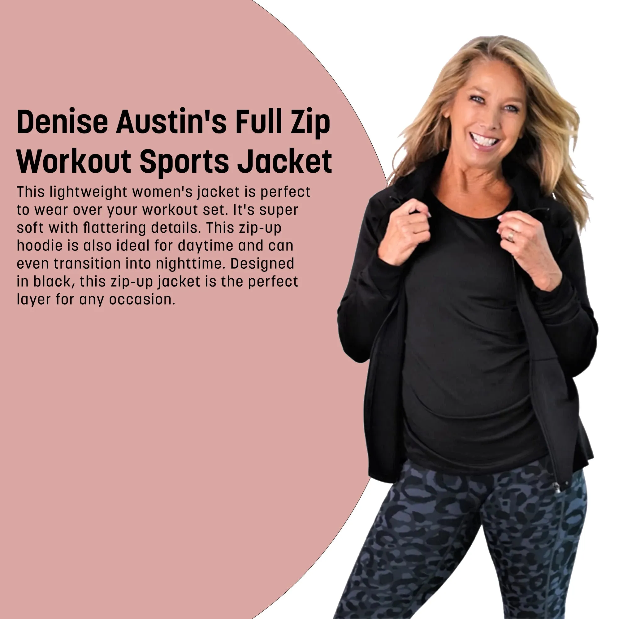 Denise Austin's Full Zip Workout Sports Jacket - Zipper Lightweight Black Hoodie