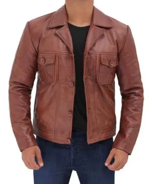 Distressed Lambskin Brown Leather Jacket with Flap Pockets