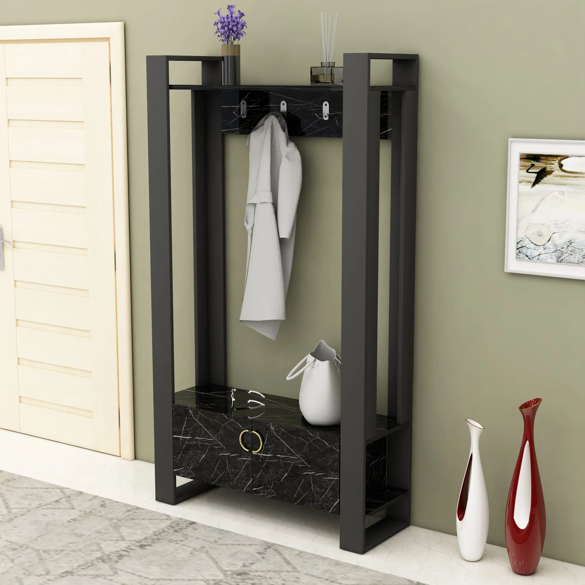 Entryway Coat Rack with Bench and Cabinet Flumen