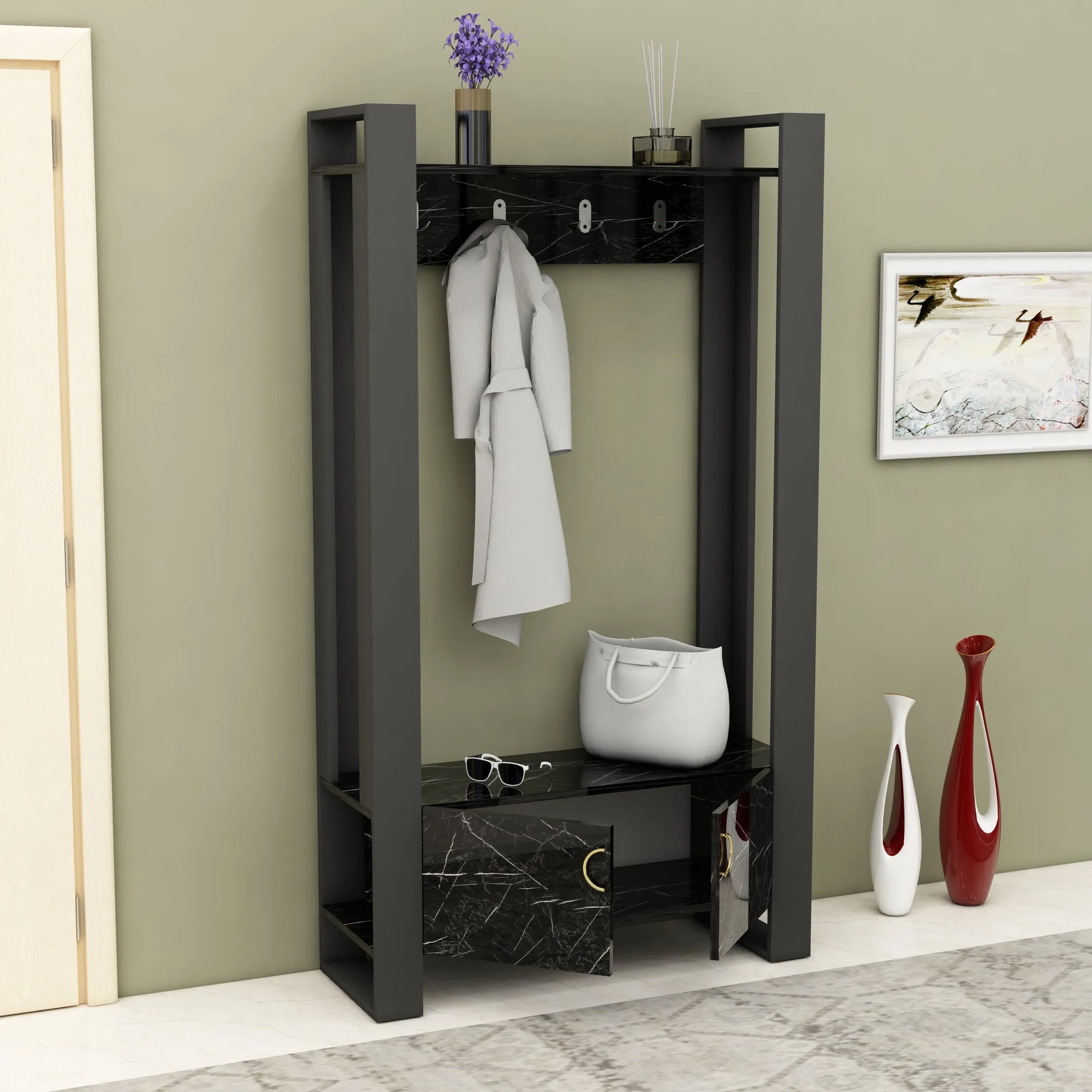 Entryway Coat Rack with Bench and Cabinet Flumen