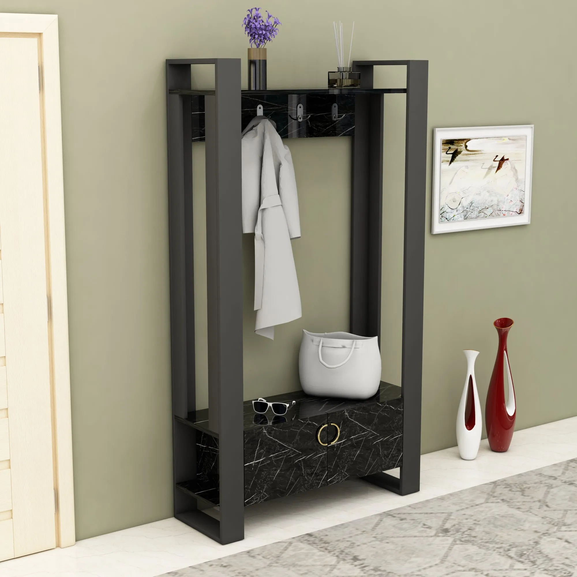 Entryway Coat Rack with Bench and Cabinet Flumen