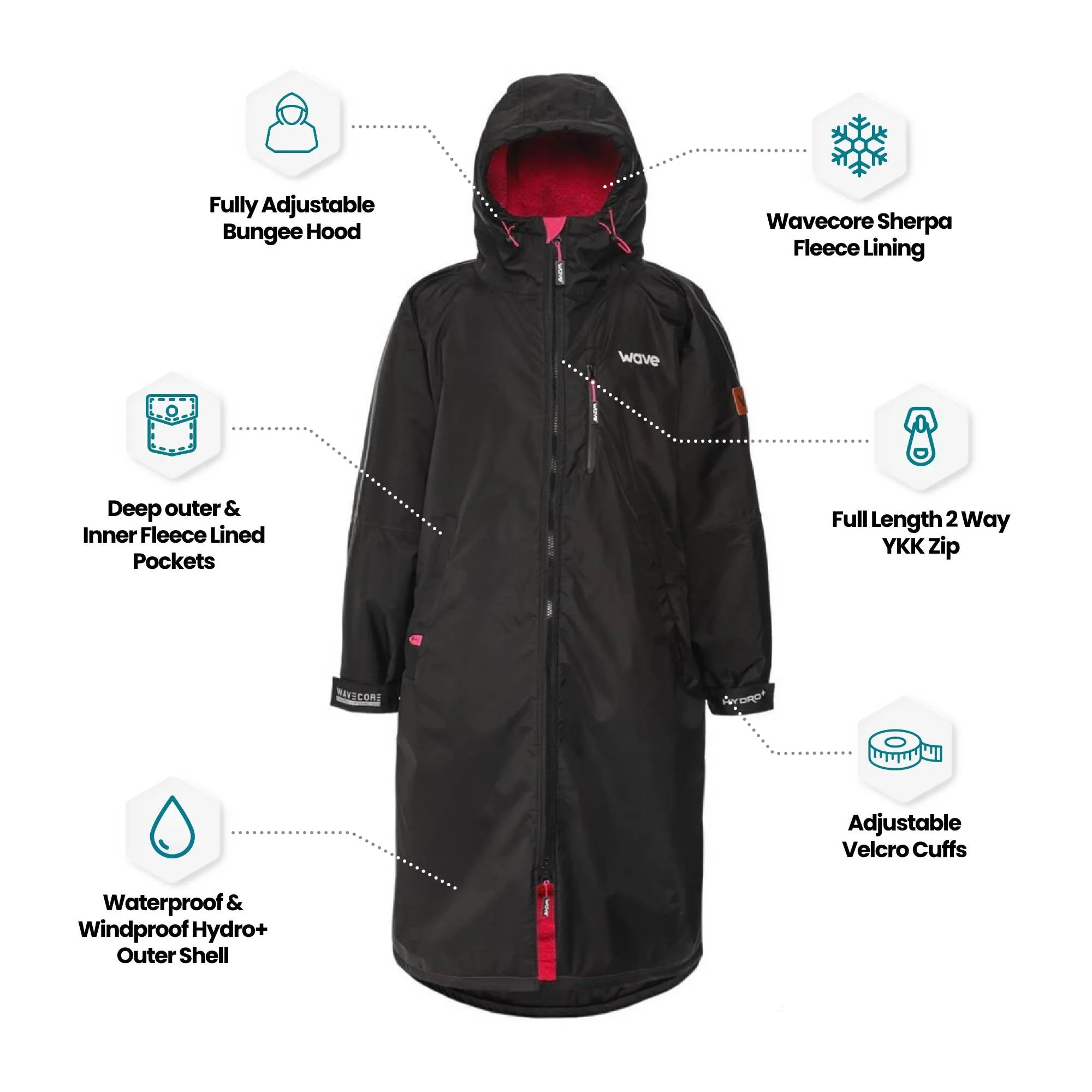 Fleece-Lined Waterproof Changing Robe | Waterproof & Windproof | Unisex | Black & Pink