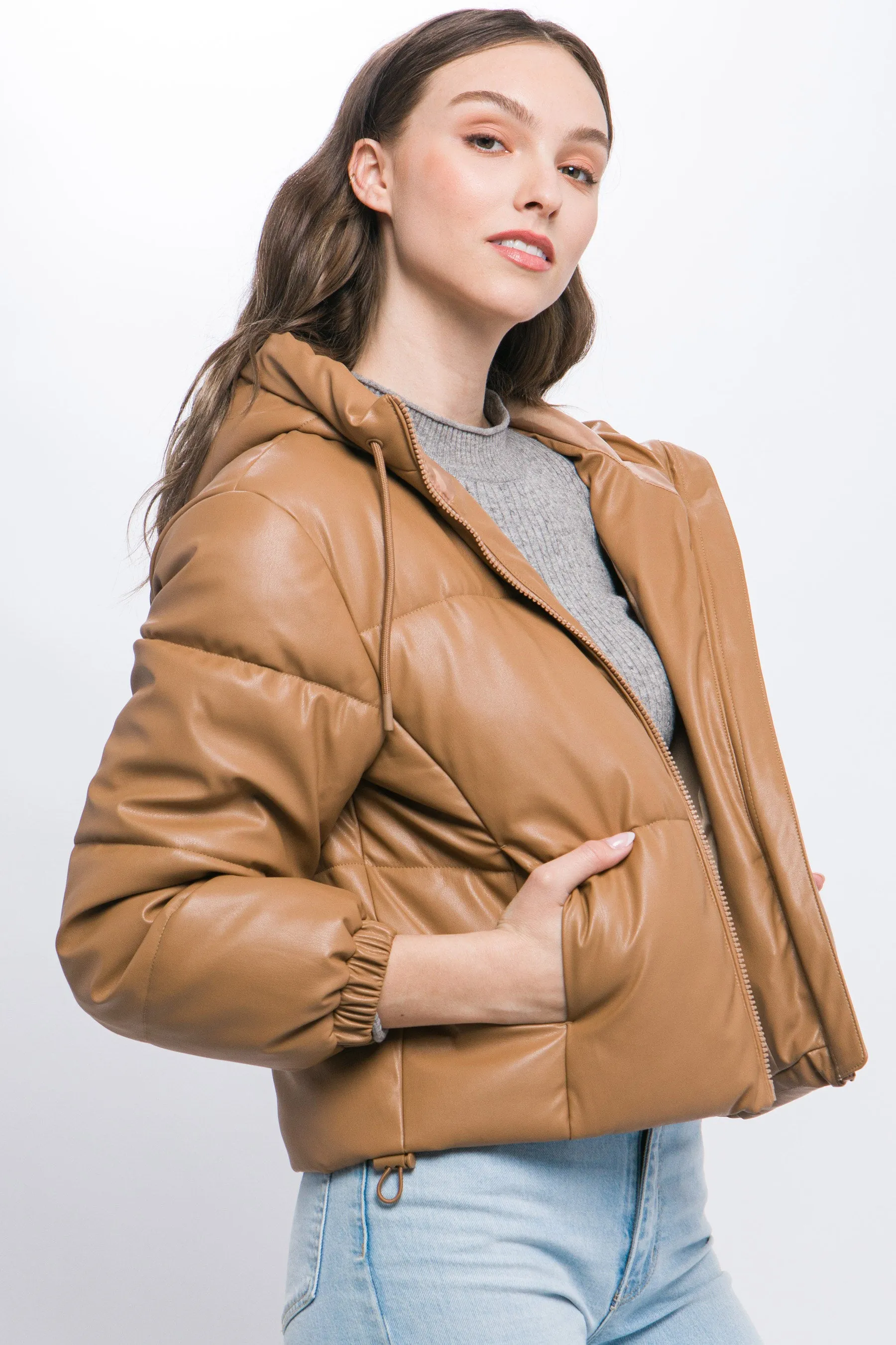 Hot Girl Faux Leather Zipper Hooded Puffer Jacket In Camel