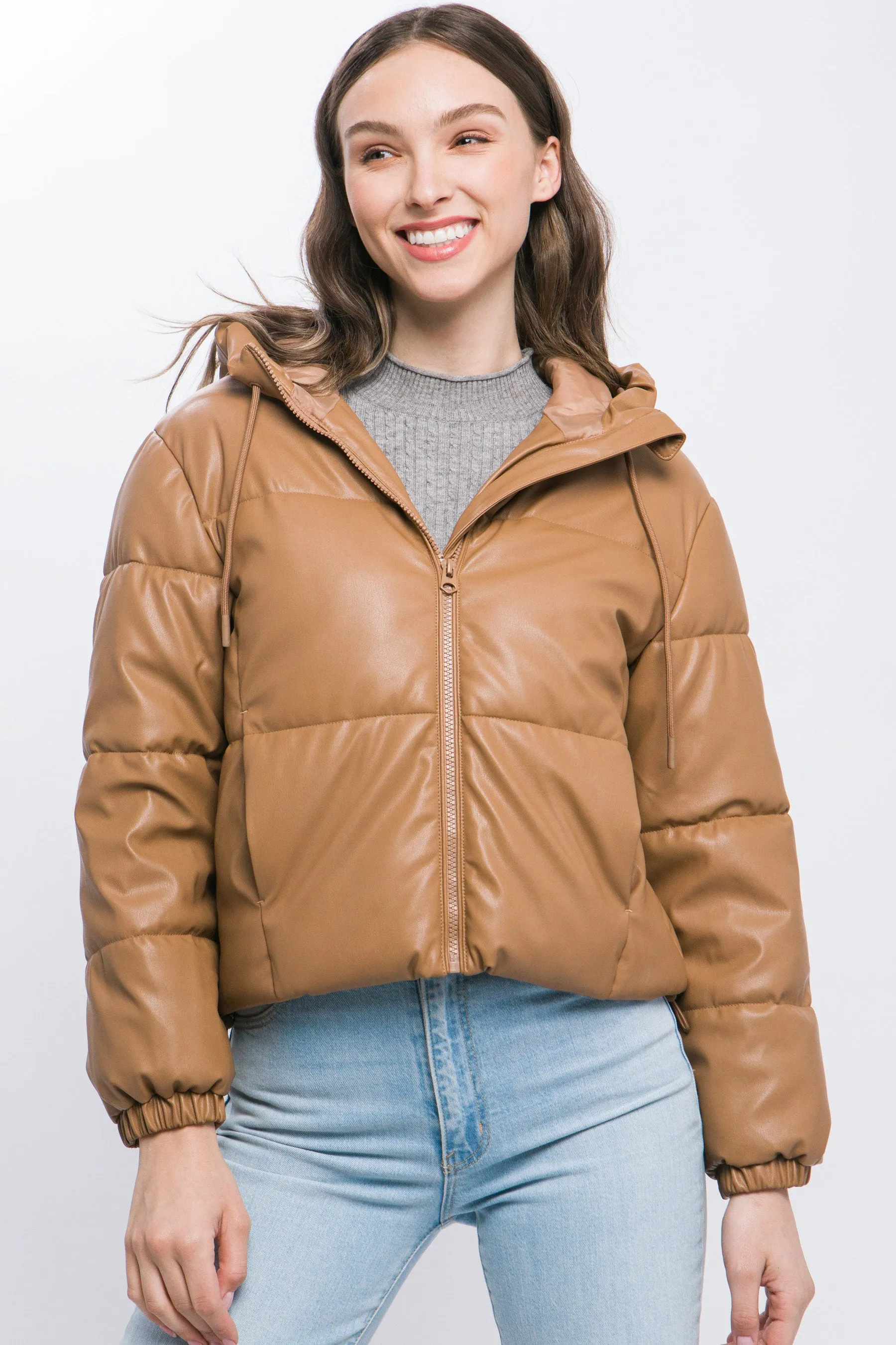 Hot Girl Faux Leather Zipper Hooded Puffer Jacket In Camel