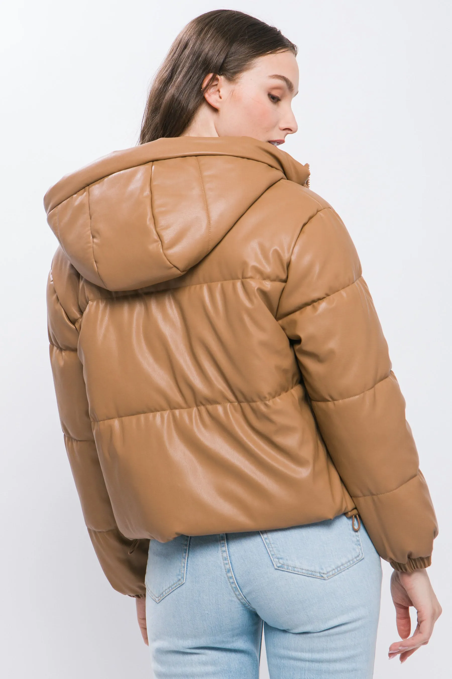 Hot Girl Faux Leather Zipper Hooded Puffer Jacket In Camel