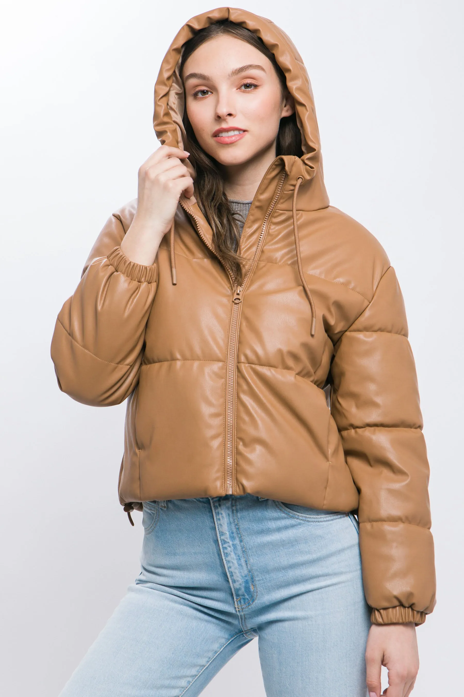 Hot Girl Faux Leather Zipper Hooded Puffer Jacket In Camel