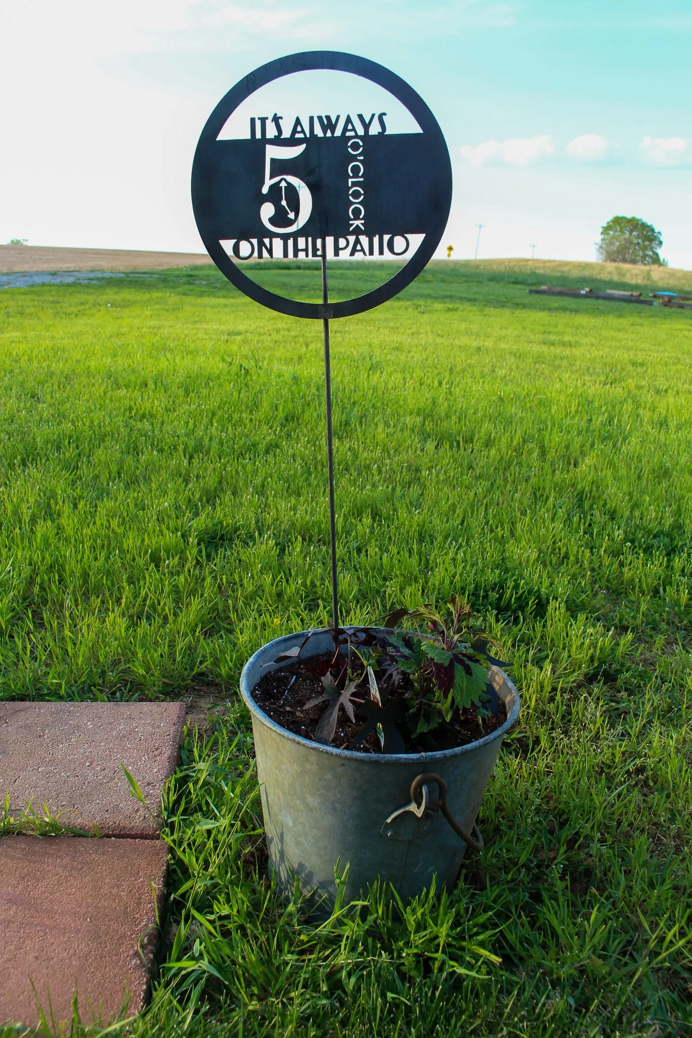 It's Always 5 O'Clock on the Patio Metal Garden Stake - Summer Lawn Art - Patio Garden Decor - Planter Pot Art - Gifts for Mom