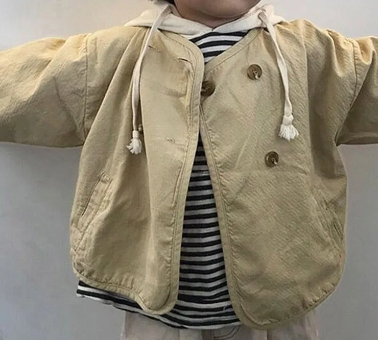 Kids' Beige and Black Double Button Jacket with Pockets