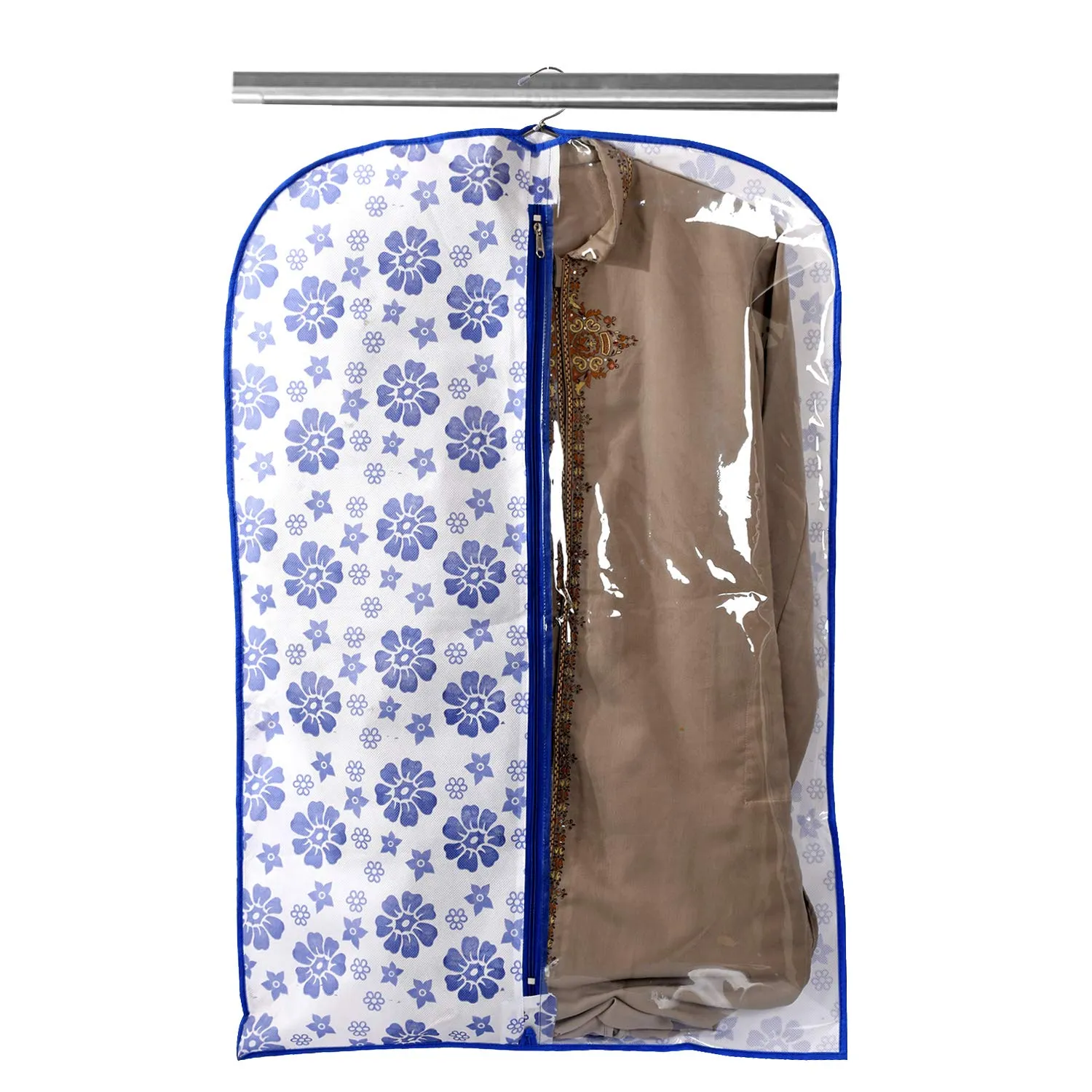 Kuber Industries Velvet Blue Flower Printed Half Transparent Non Woven Men's Coat Blazer Cover Travel Bag (CTLTC039458)