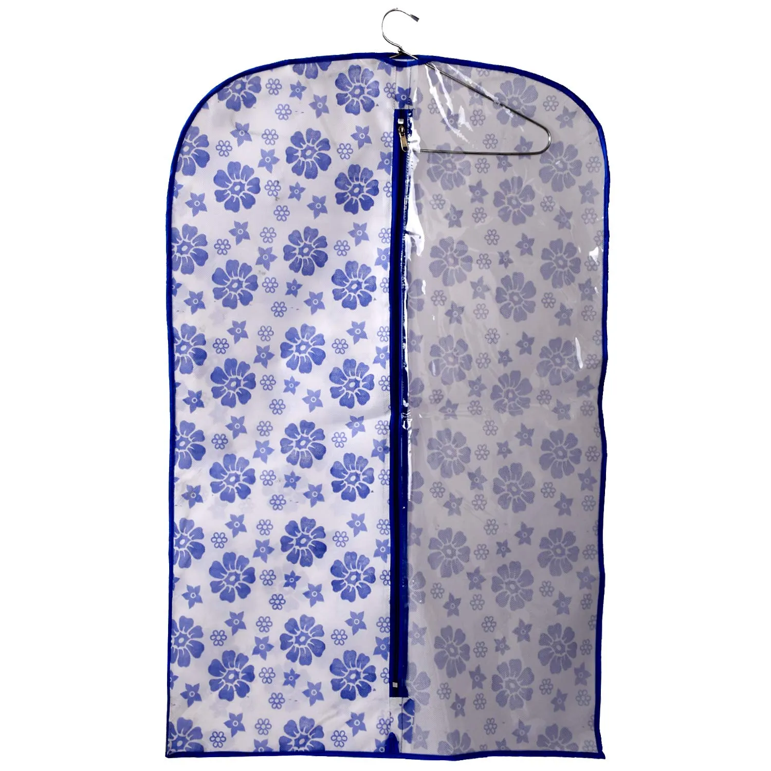 Kuber Industries Velvet Blue Flower Printed Half Transparent Non Woven Men's Coat Blazer Cover Travel Bag (CTLTC039458)