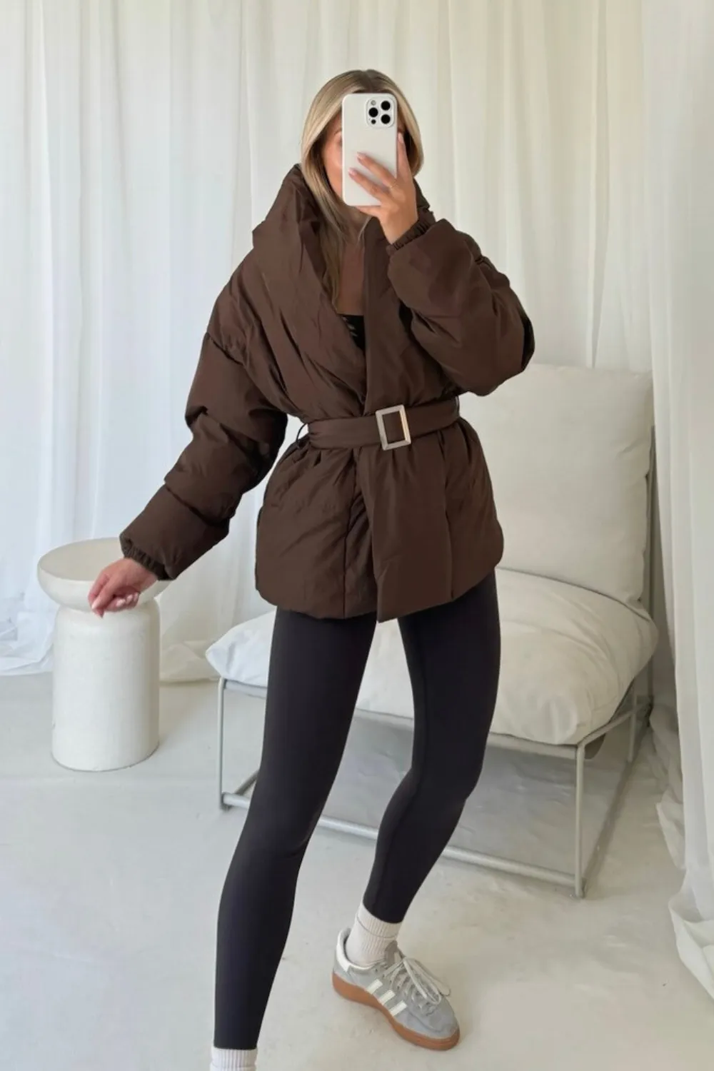 lauren chocolate short belted puffer coat