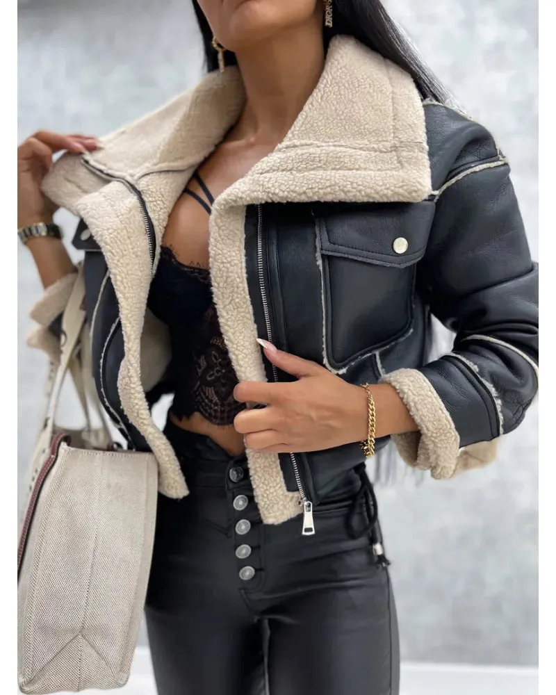 Leather Jackets Women Short Thick Warm Outwear Female Lapel Velvet Coat New Year Winter Tops