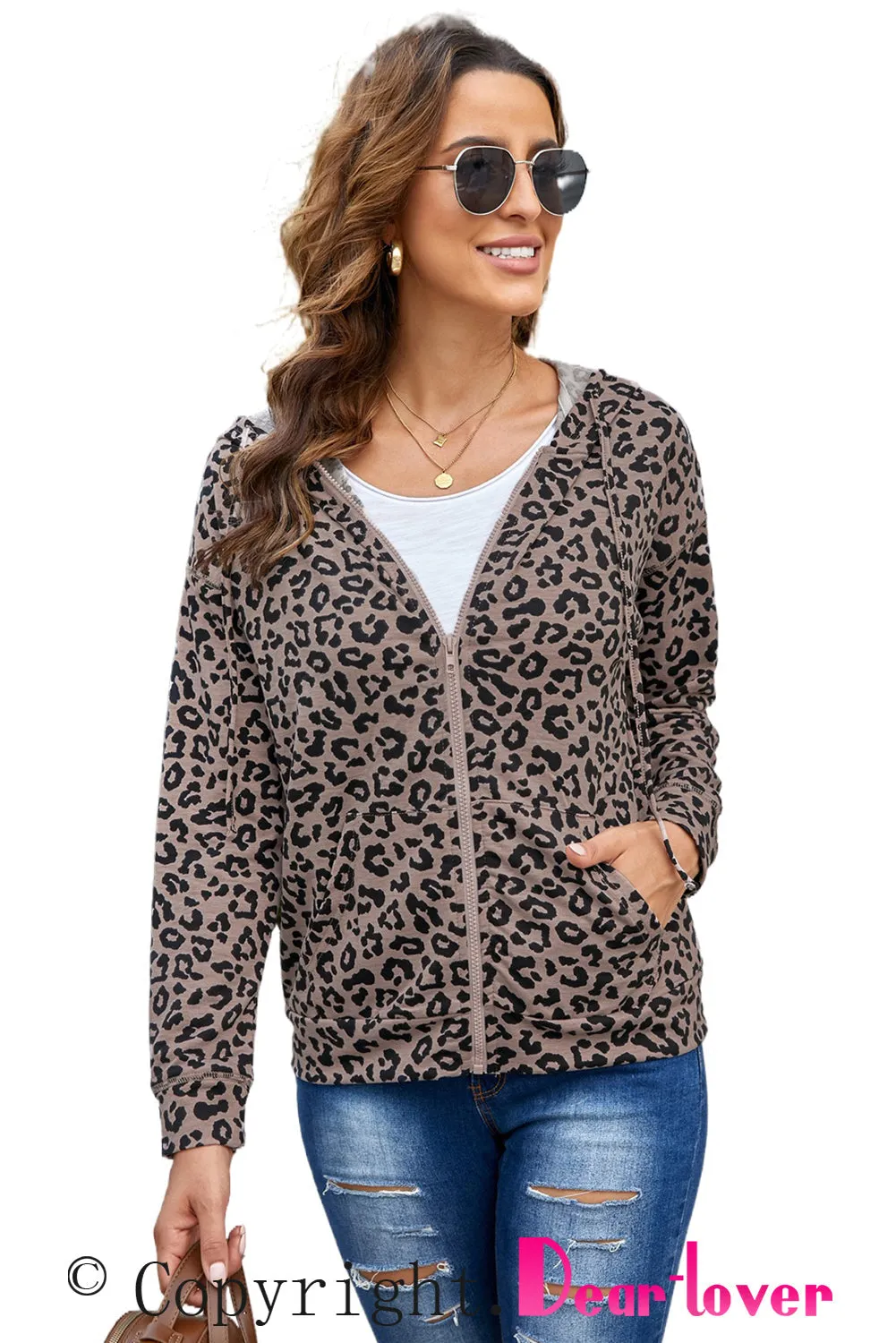 Leopard Print Zipper Hooded Coat With Pocket