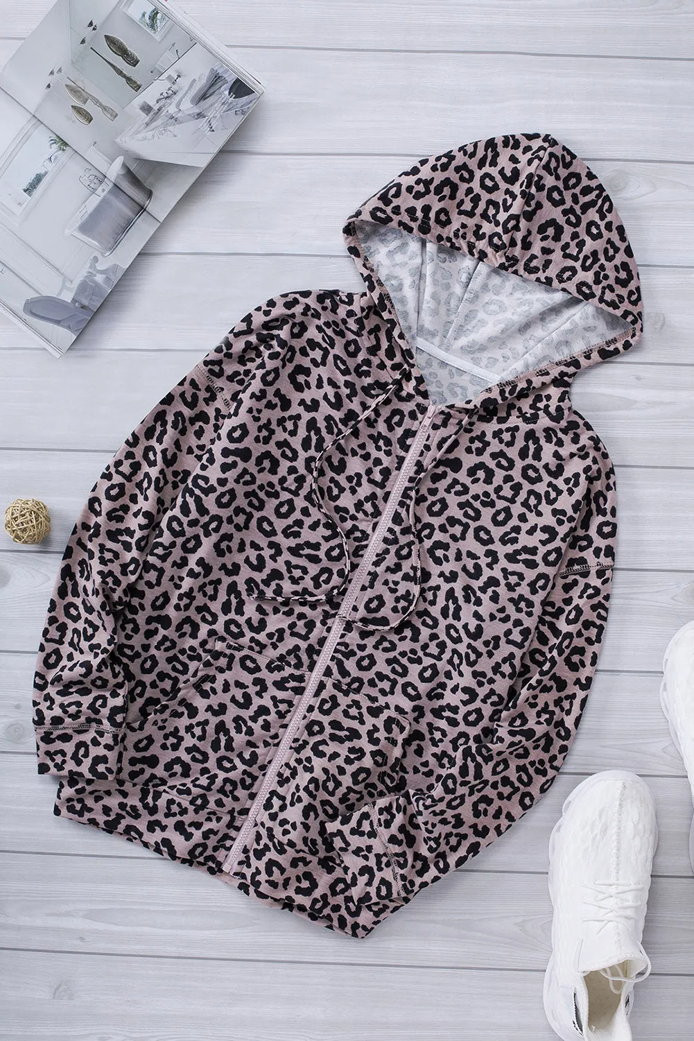 Leopard Print Zipper Hooded Coat With Pocket