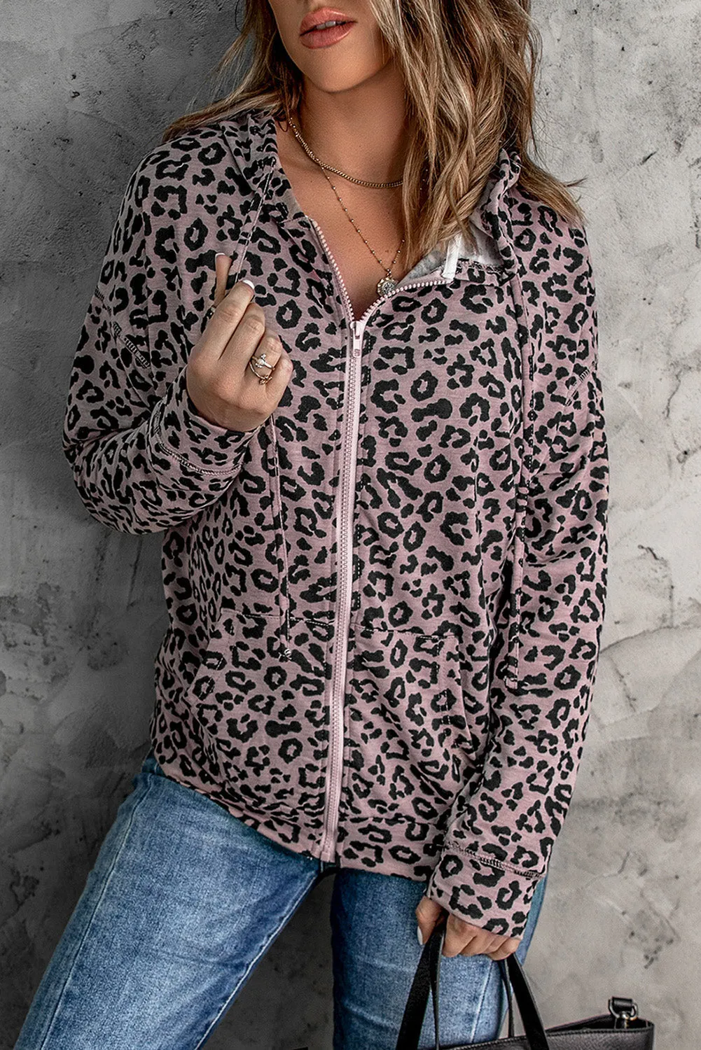 Leopard Print Zipper Hooded Coat With Pocket